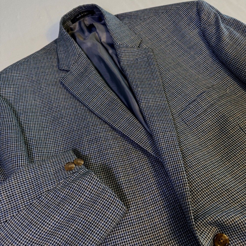 Chaps Mens 48R‎ Blazer Sport Coat Blue Brown Houndstooth 2 Button SLEEVES HEMMED